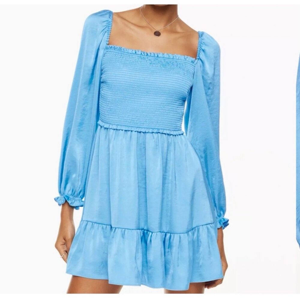 Aritzia Wilfred Tempest Satin Smocked Mini Dress Blue M Long Sleeve Babydoll - Picture 5 of 11